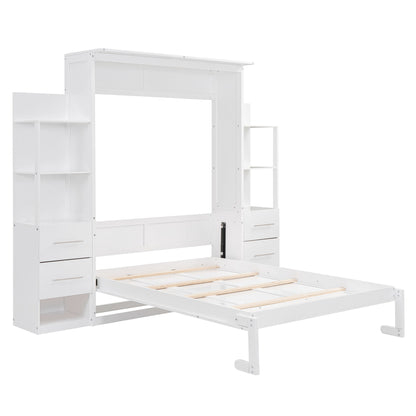 Full Size Murphy Wall Bed With Shelves, Drawers And LED Lights - White