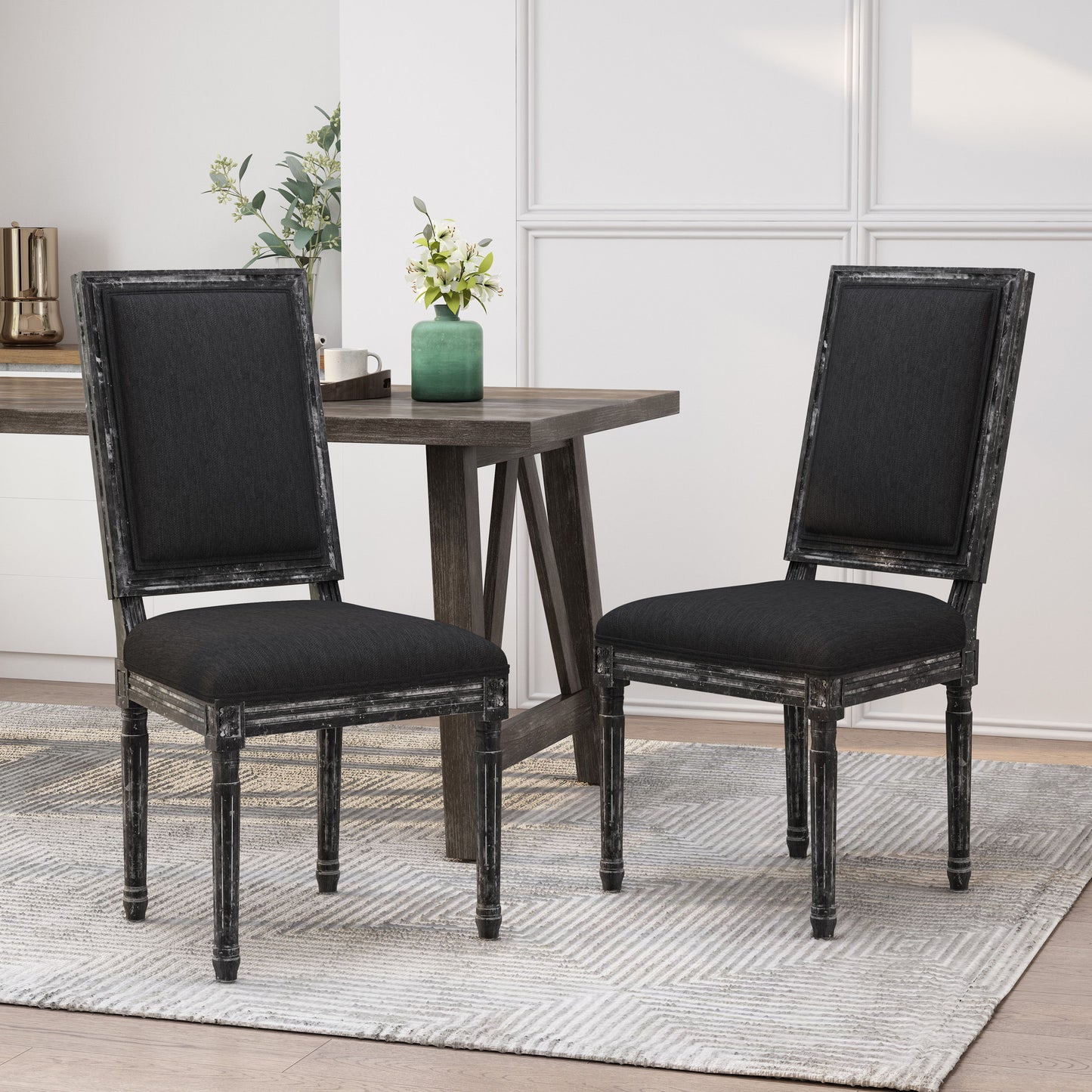 French Country Style Dining Chair Set With Upholstered Seating And Fluted Legs - Black