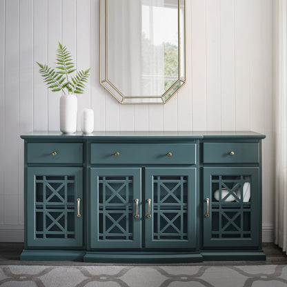 Classic Fretwork Detailed Glass Door Sideboard - Dark Teal