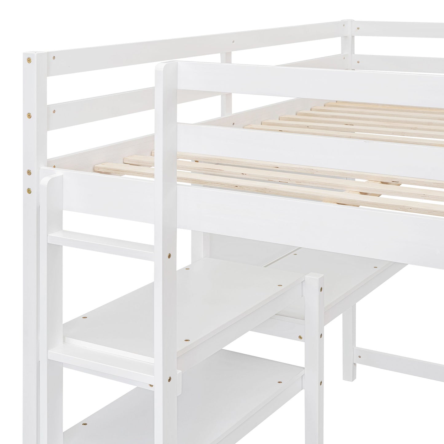 Full Size Loft Bed With Shelves, Desk And Writing Board - White