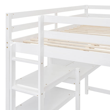 Full Size Loft Bed With Shelves, Desk And Writing Board - White