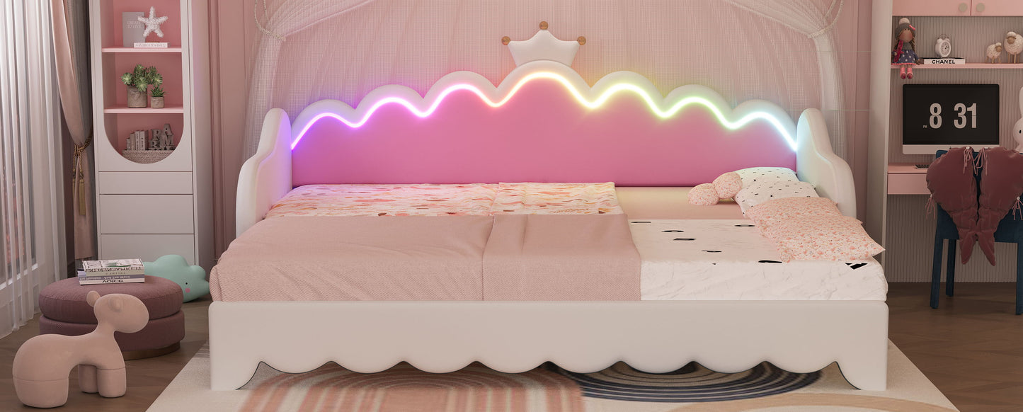 Twin Extending Daybed With LED Lights, Modern Upholstered Princess Daybed With Crown Headboard - White