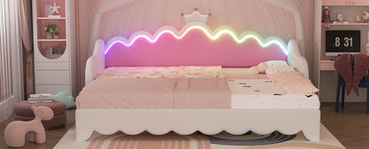 Twin Extending Daybed With LED Lights, Modern Upholstered Princess Daybed With Crown Headboard - White