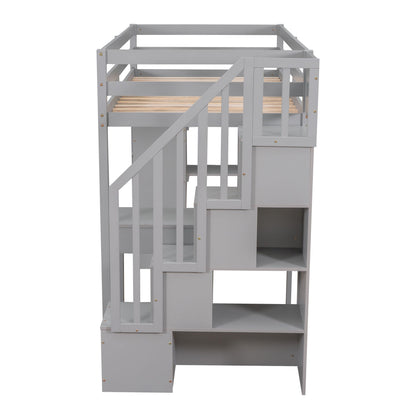 Twin Size Loft Bed With Storage Drawers, Desk And Stairs With Shelves - Gray