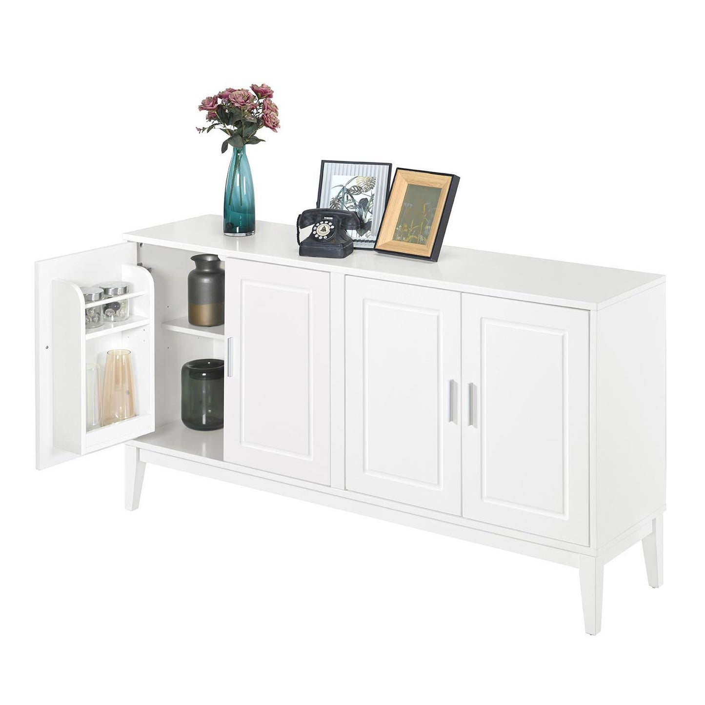 4 Door Sideboard Storage Cabinet With Door Shelf For Living Room And Dining Room, 2 Large Cabinets With Adjustable Shelf - White