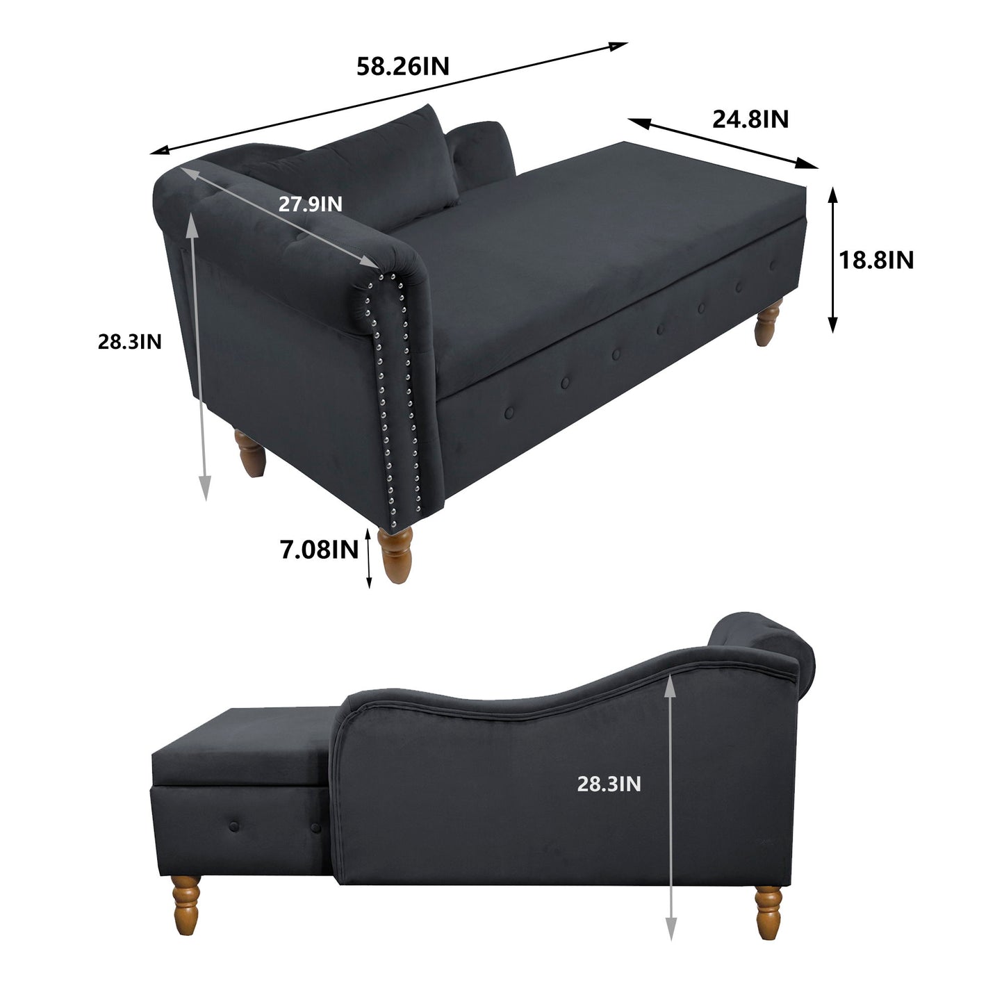 Chaise Lounge Indoor, Velvet Lounge Chair For Bedroom With Storage & Pillow, Modern Upholstered Rolled Arm Chase Lounge For Sleeping With Nailhead Trim For Living Room Bedroom Office - Black