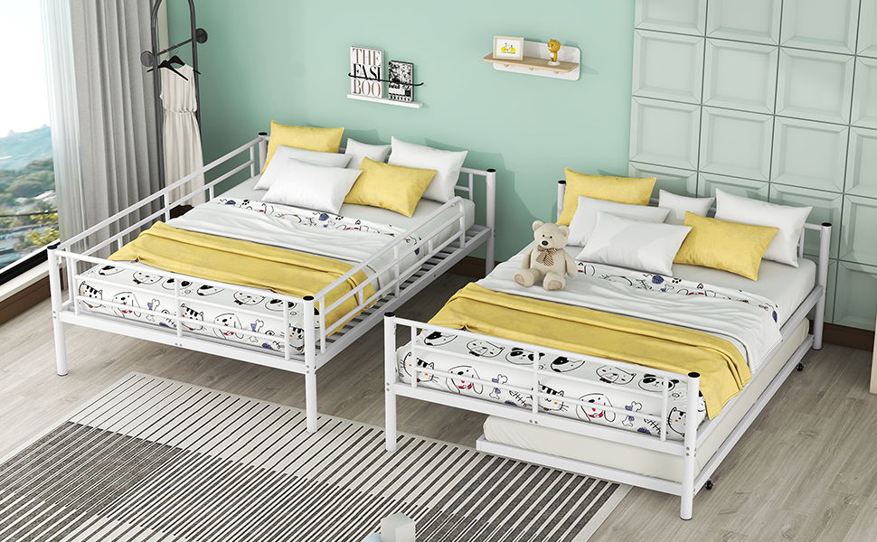 Full Over Full Metal Bunk Bed With Trundle - White