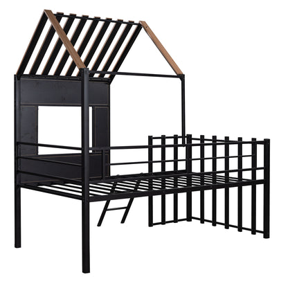 Twin Size Loft Bed With Roof, Window, Guardrail, Ladder - Black