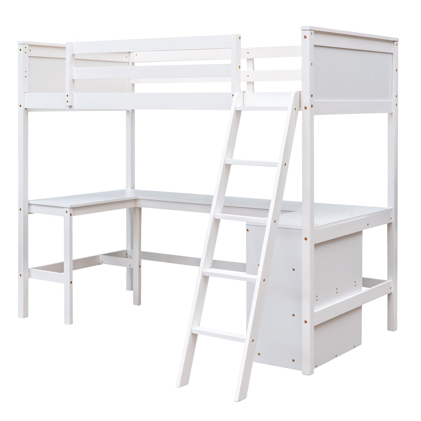 Twin Size Loft Bed With Shelves With Desk - White