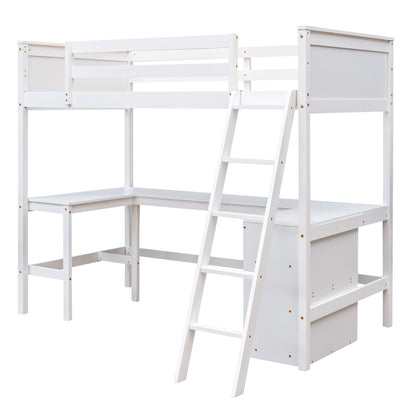 Twin Size Loft Bed With Shelves With Desk - White
