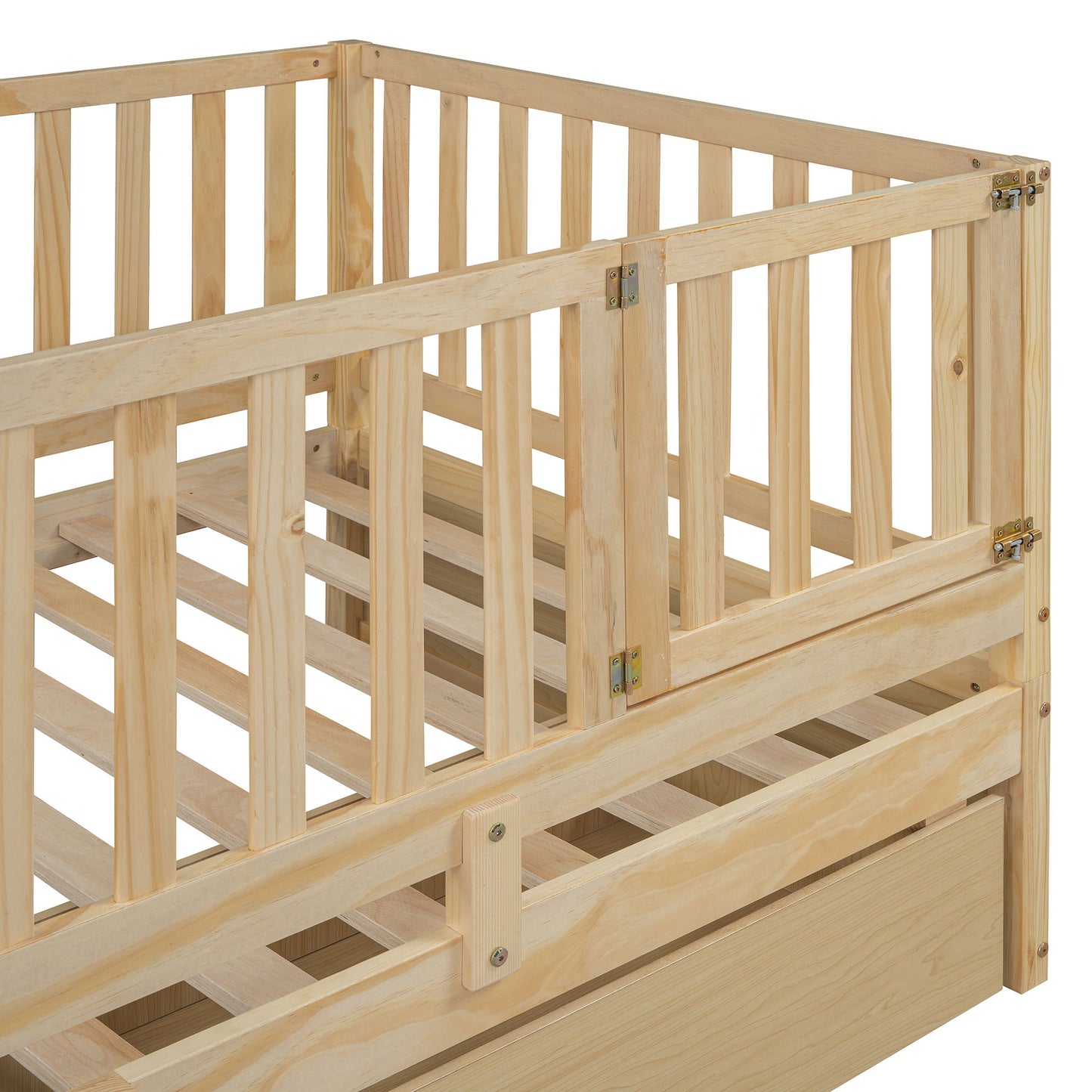 Twin Size Daybed With Fence Guardrails And 2 Drawers, Versatile Split Floor Bed & Daybed - Natural