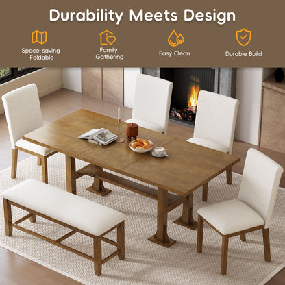 Topmax - 6 Piece Farmhouse Extendable Dining Table Set Trestle Kitchen Table Set With Removable Leaf And Upholstered Dining Chair And Bench For Dining Room - Dark Brown
