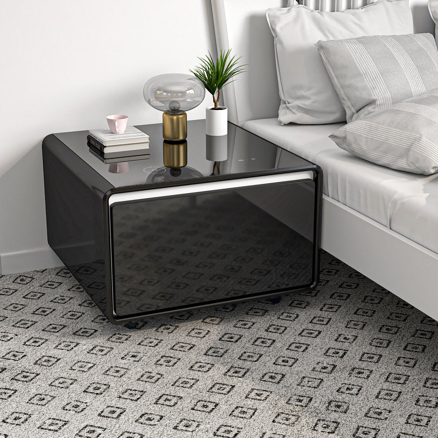 Modern Smart Side Table With Built-In Fridge, Wireless Charging, Temperature Control, Power Socket, USB Ports, Outlet Protection, Induction Light - Black