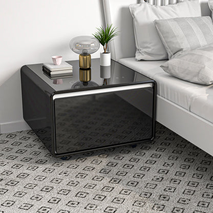 Modern Smart Side Table With Built-In Fridge, Wireless Charging, Temperature Control, Power Socket, USB Ports, Outlet Protection, Induction Light - Black