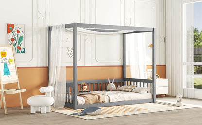 Twin Size Canopy Frame Floor Bed With Fence, Guardrails - Gray