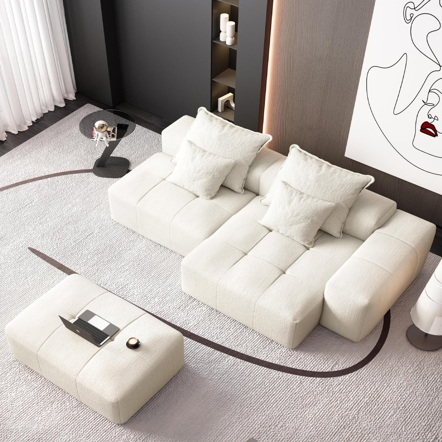 Modern Oversized Modular Sectional Sofa With Ottoman, Seat, Chaise Lounge And Armrest, Sparkling Chenille Fabric Soft Cushion Sofa With 4 Pillows, 4 Pieces Diy Combination Tufted Sofa, No Assembly Required - Beige