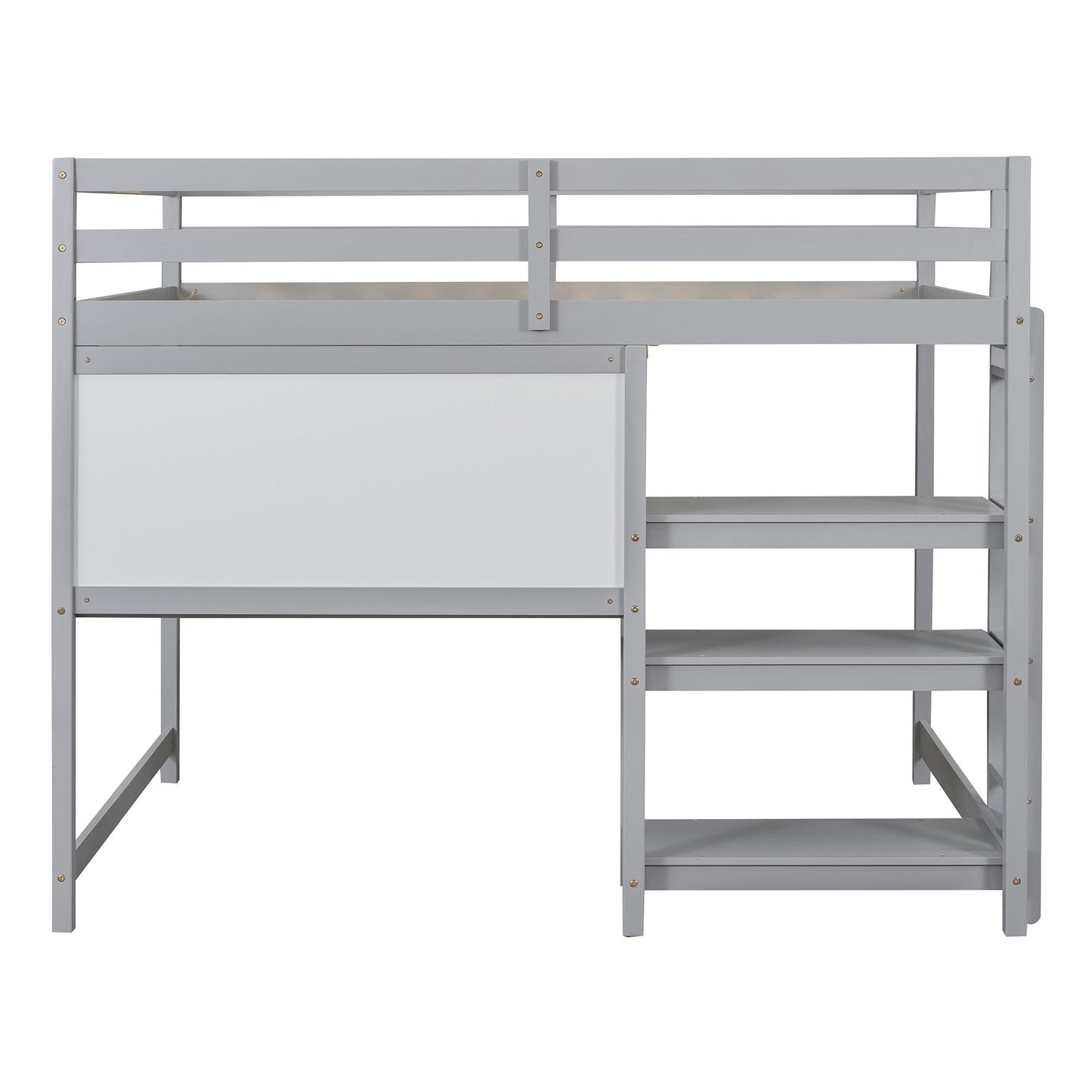Full Size Loft Bed With Shelves, Desk And Writing Board - Gray
