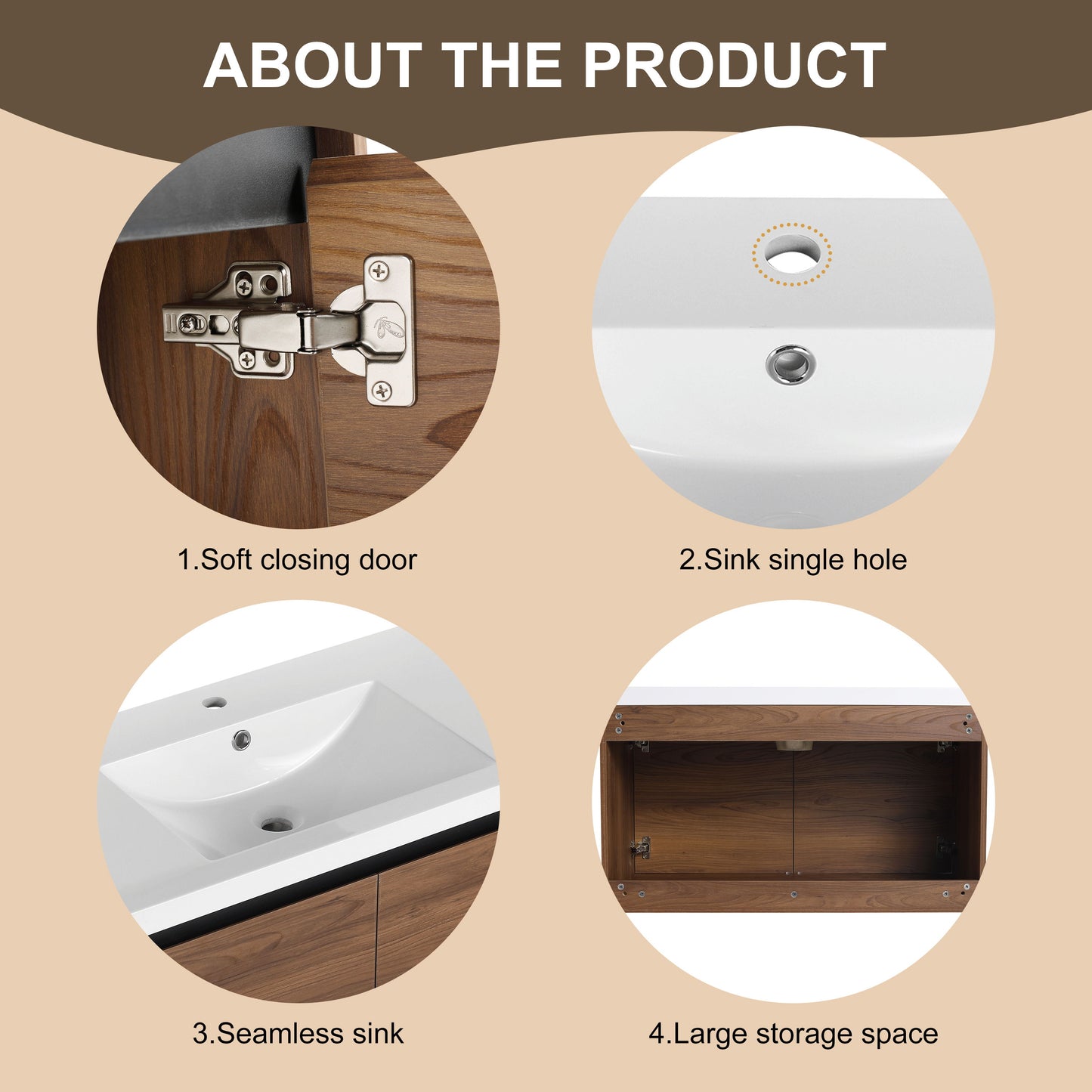 36" Bathroom Vanity Set With Resin Countertop Sink And 2 Doors - Brown