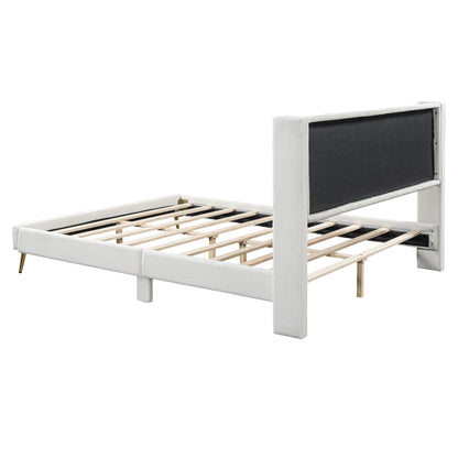 Queen Size Platform Bed With Legs, Frame And Tufted Headboard - Beige