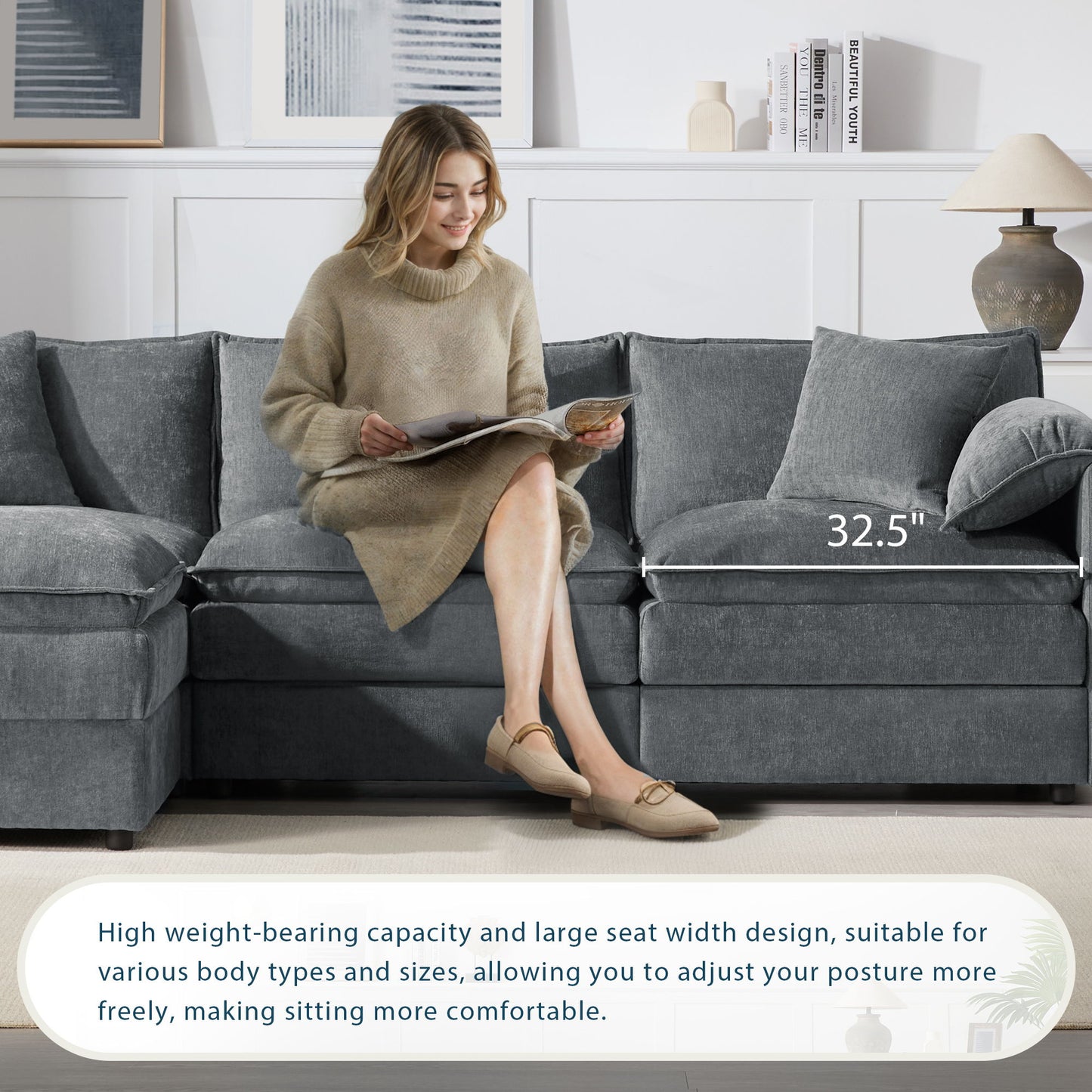 Modular Sectional With Deep And Wide Seat, L Shaped Cloud Couch Set With Double Cushions 4 Seat Sofa With Movable Ottoman Oversized - Dark Gray