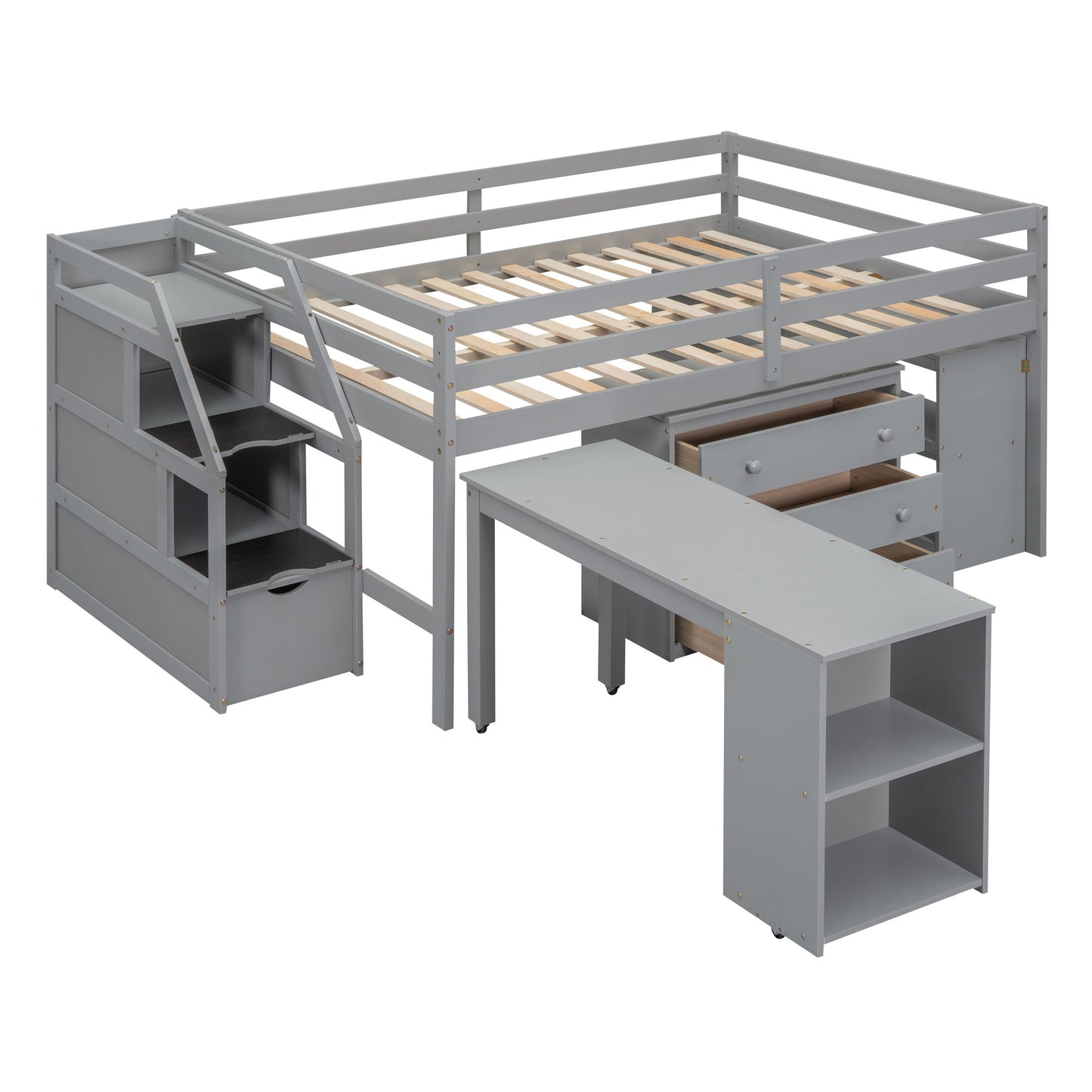 Full Size Loft Bed With Retractable Writing Desk And 3 Drawers With Storage Stairs And Shelves - Gray