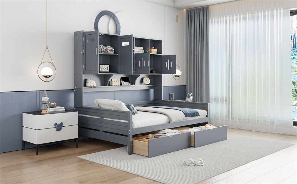 Full Size Daybed With 2 Drawers And All In One Cabinet And Shelf - Gray