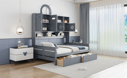 Full Size Daybed With 2 Drawers And All In One Cabinet And Shelf - Gray