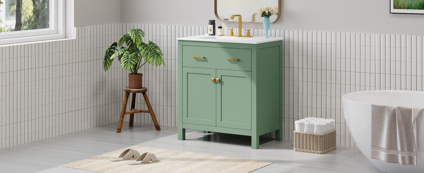 Bathroom Vanity With Ceramic Sink, Modern Single Bathroom Cabinet With 2 Doors And A Shelf, Soft Close Doors - Green