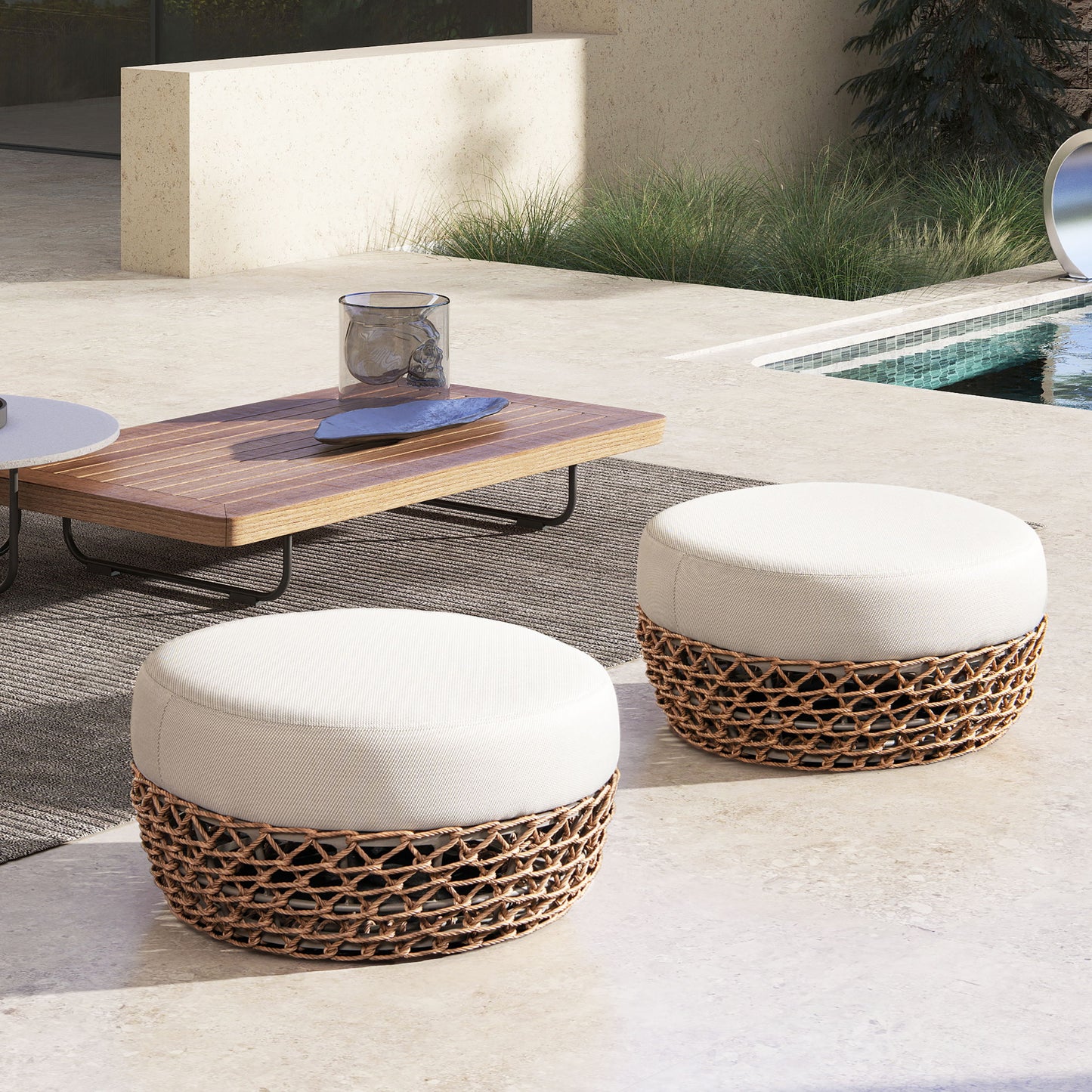 Willow - Round Upholstered Woven Patio Ottoman, Wicker Frame - Wheat Beige / Golden Brown