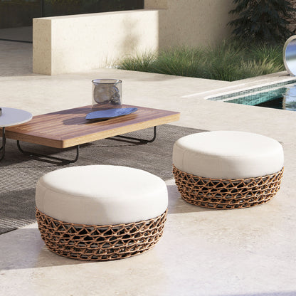 Willow - Round Upholstered Woven Patio Ottoman, Wicker Frame - Wheat Beige / Golden Brown