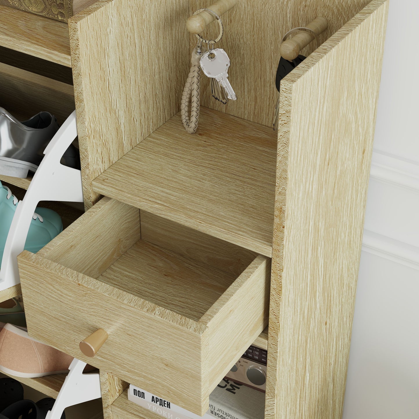 Natural Bohemia Style Shoe Cabinet, Shoe Rack Cabinet With 3 Rattan Flip Drawers, 3 Square Shelves And 1 Storage Drawer, Shoe Organizer With Mulit Storage Space And Hooks For Hallway, Entryway - Natural
