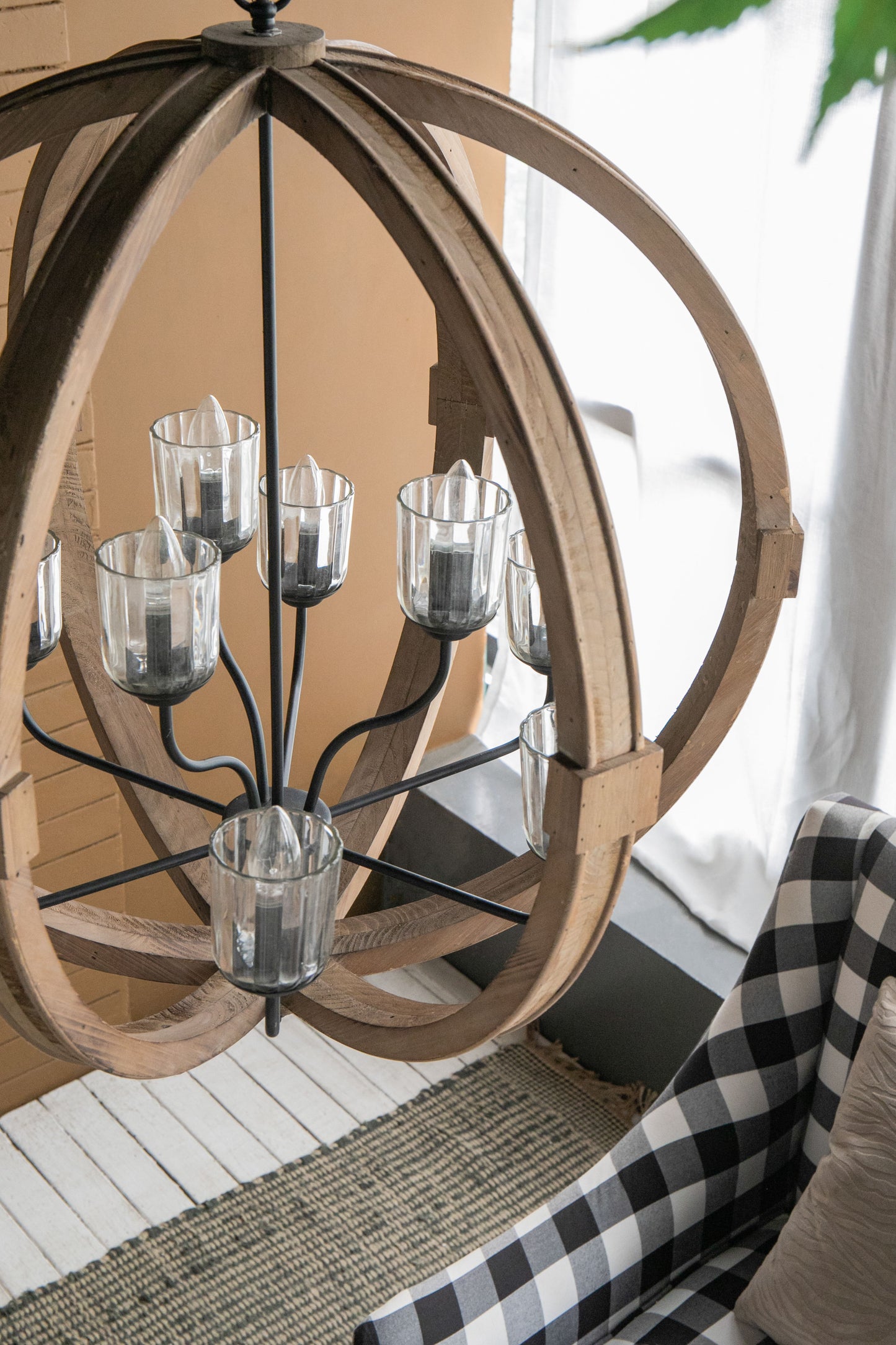 9 Light Globe Chandelier, Wood Chandelier Hanging Light Fixture With Adjustable Chain For Kitchen, Bulb Not Included - Brown