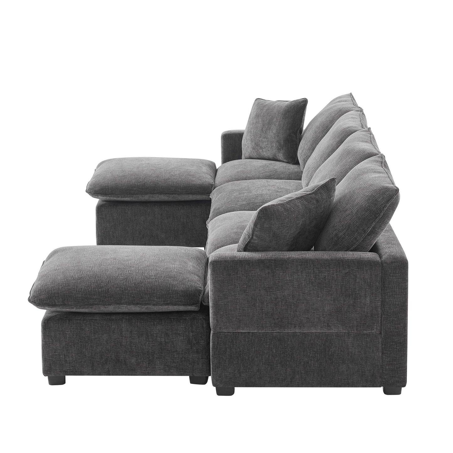 Modern U-Shape Modular Sofa, 6 Seat Chenille Sectional Couch Set With 2 Pillows Included, Freely Combinable Indoor Funiture - Black / Gray