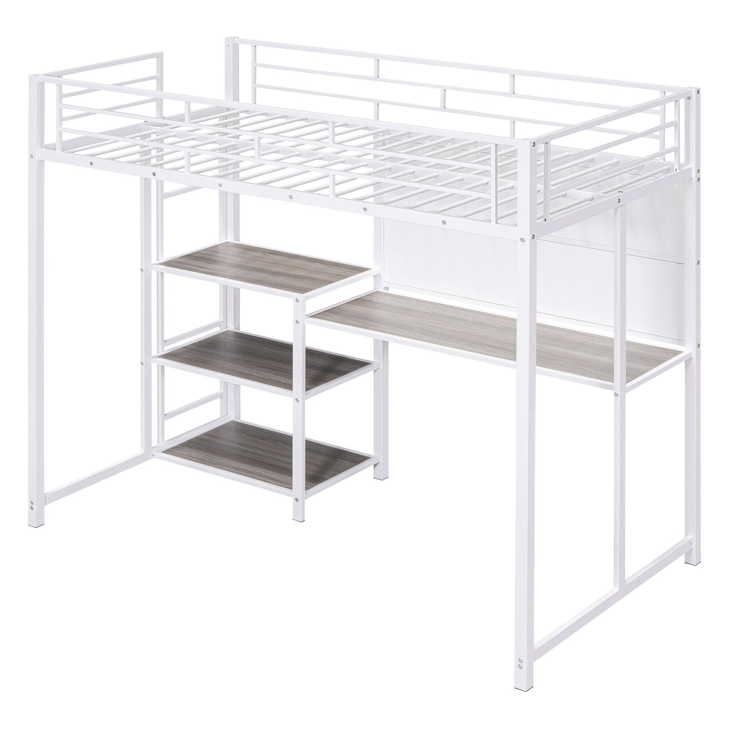 Twin Size Loft Bed With Desk And Whiteboard, Loft Bed With 3 Shelves And Ladder - White