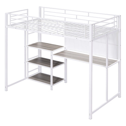 Twin Size Loft Bed With Desk And Whiteboard, Loft Bed With 3 Shelves And Ladder - White