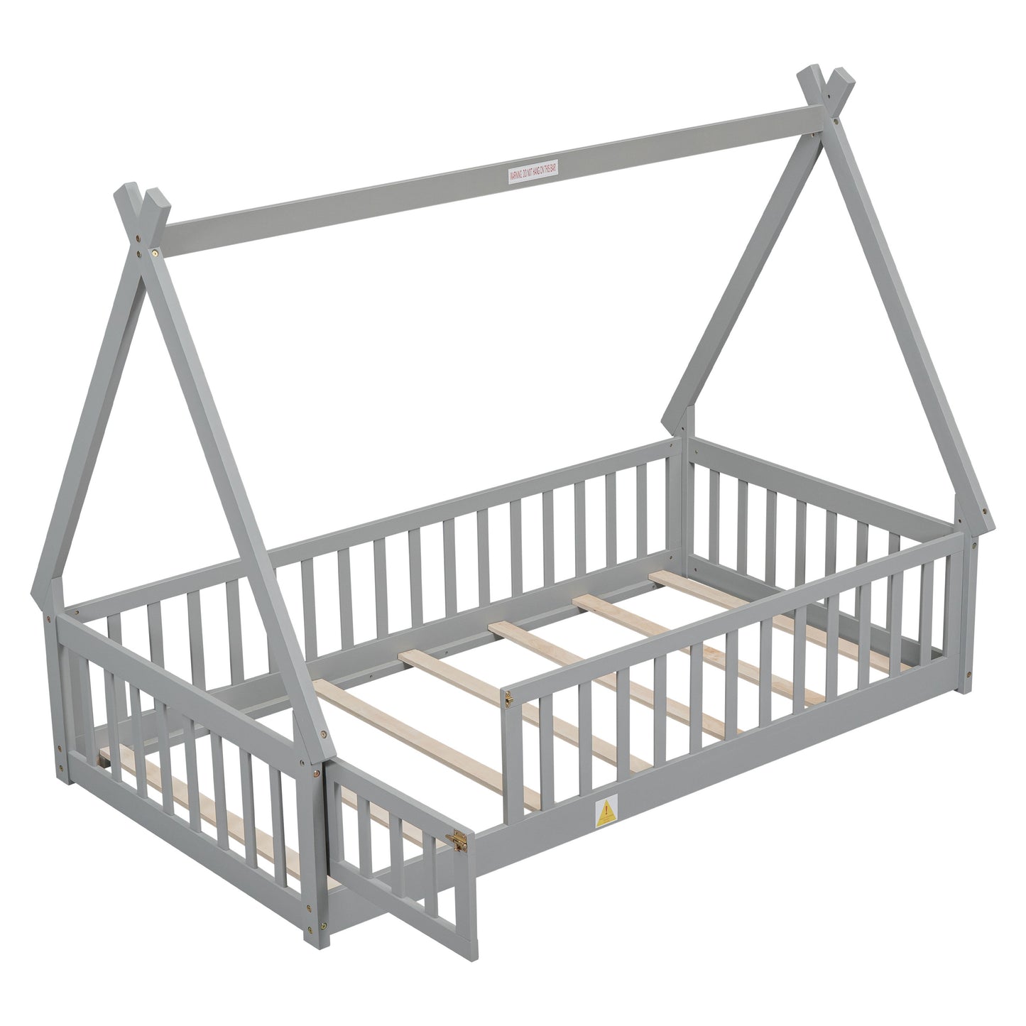 Twin Tent-Shaped Floor Bed, With Guardrails, Slats, Door - Gray