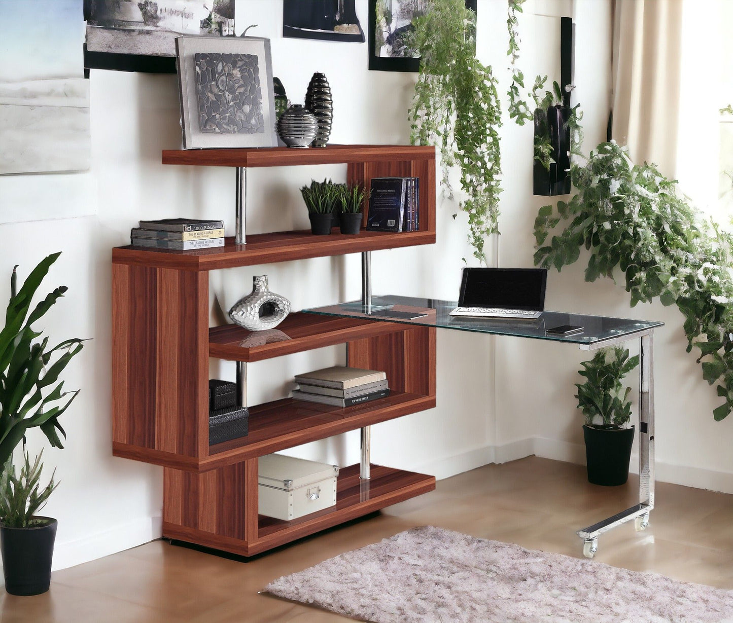 Buck II - Clear Glass, Chrome High Gloss Writing Desk With Shelf - Walnut