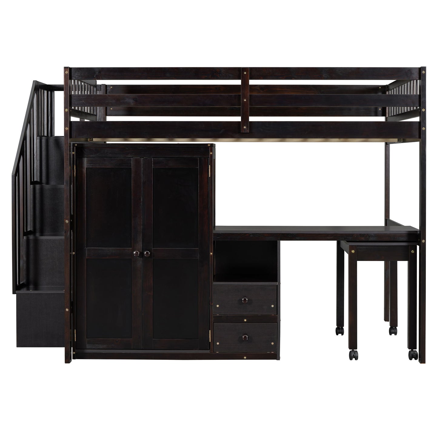 Full Size Loft Bed With Stairs, Bookshelf, Drawers, Desk & Wardrobe, Space Saving Multifunctional Furniture - Espresso
