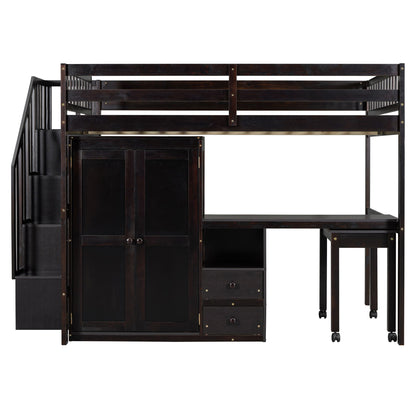 Full Size Loft Bed With Stairs, Bookshelf, Drawers, Desk & Wardrobe, Space Saving Multifunctional Furniture - Espresso