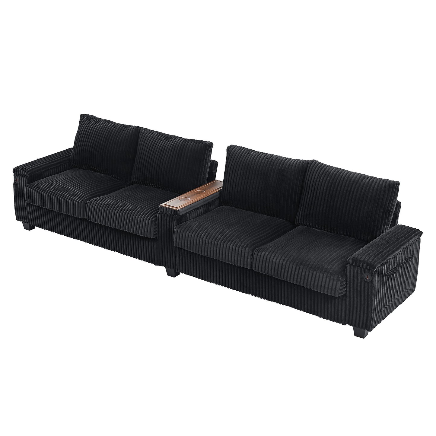 Modern 4 Seater Corduroy Sofa Couch With USB Ports And Hidden Storage - Black
