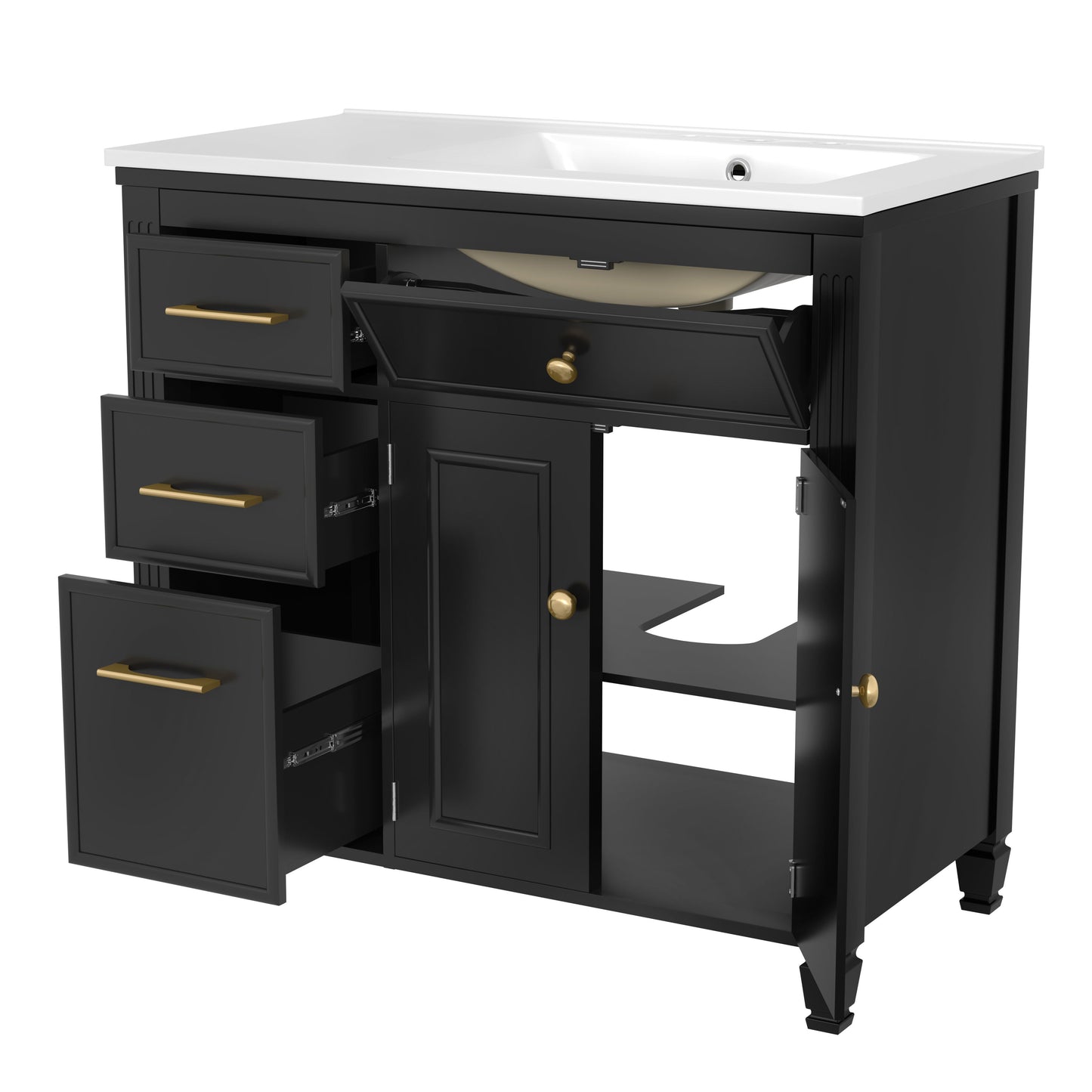 Modern Bathroom Vanity With Ceramic Sink, Freestanding, One Tip - Out Drawer, 3 Side Drawers, Adjustable Shelf - Beige