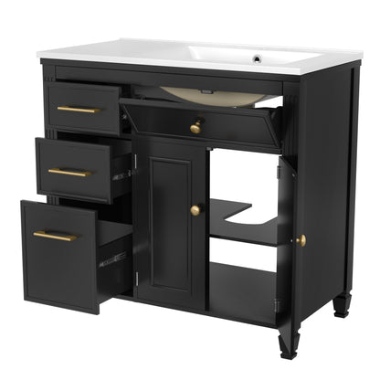 Modern Bathroom Vanity With Ceramic Sink, Freestanding, One Tip - Out Drawer, 3 Side Drawers, Adjustable Shelf - Beige