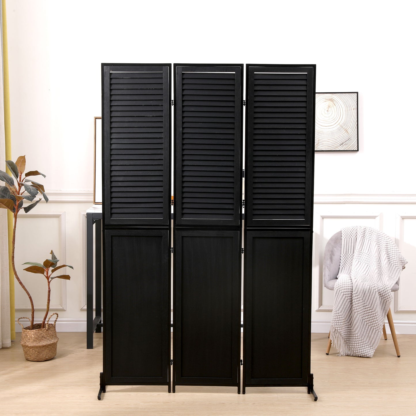 Rustic 3 Panel Room Divider 6Ft Wood Folding Privacy Screen With Metal Frame And Louver Design - Black