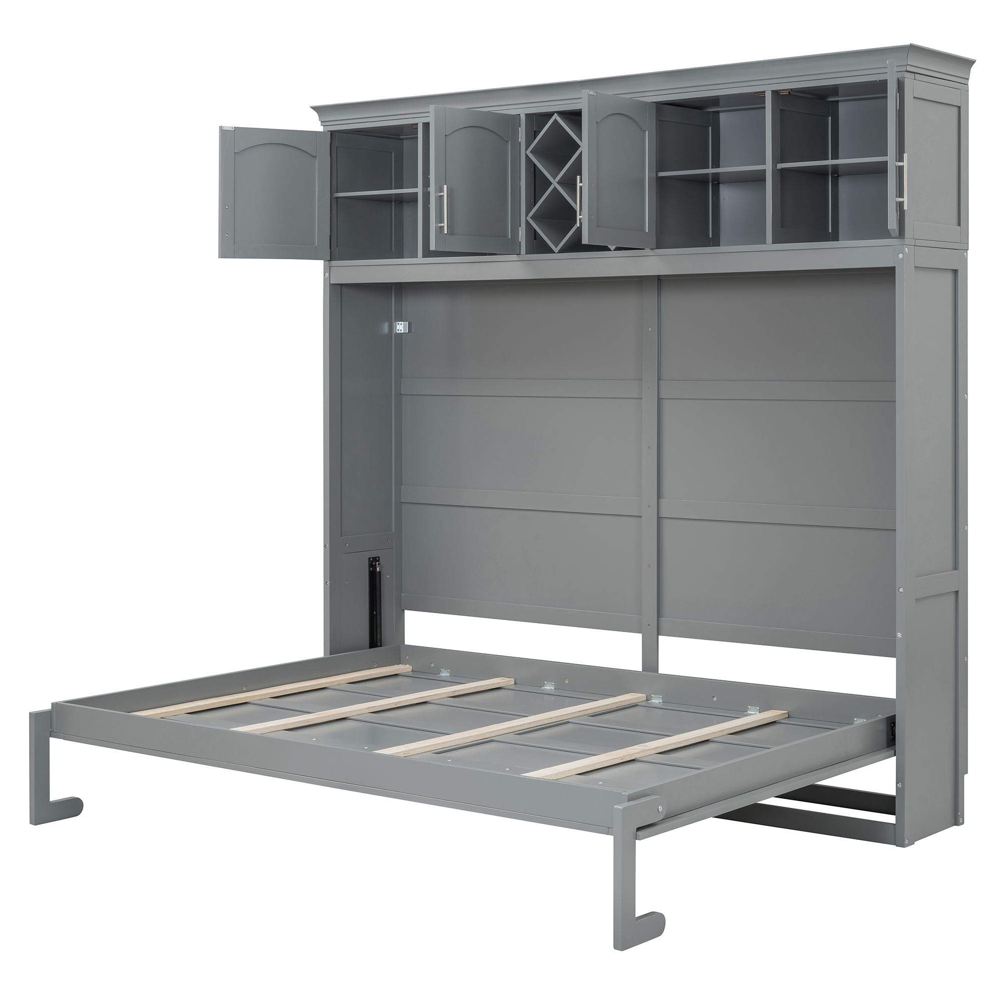 Queen Size Murphy Wall Bed With Top Cabinets & Wine Rack - Gray