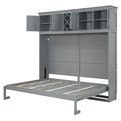 Queen Size Murphy Wall Bed With Top Cabinets & Wine Rack - Gray