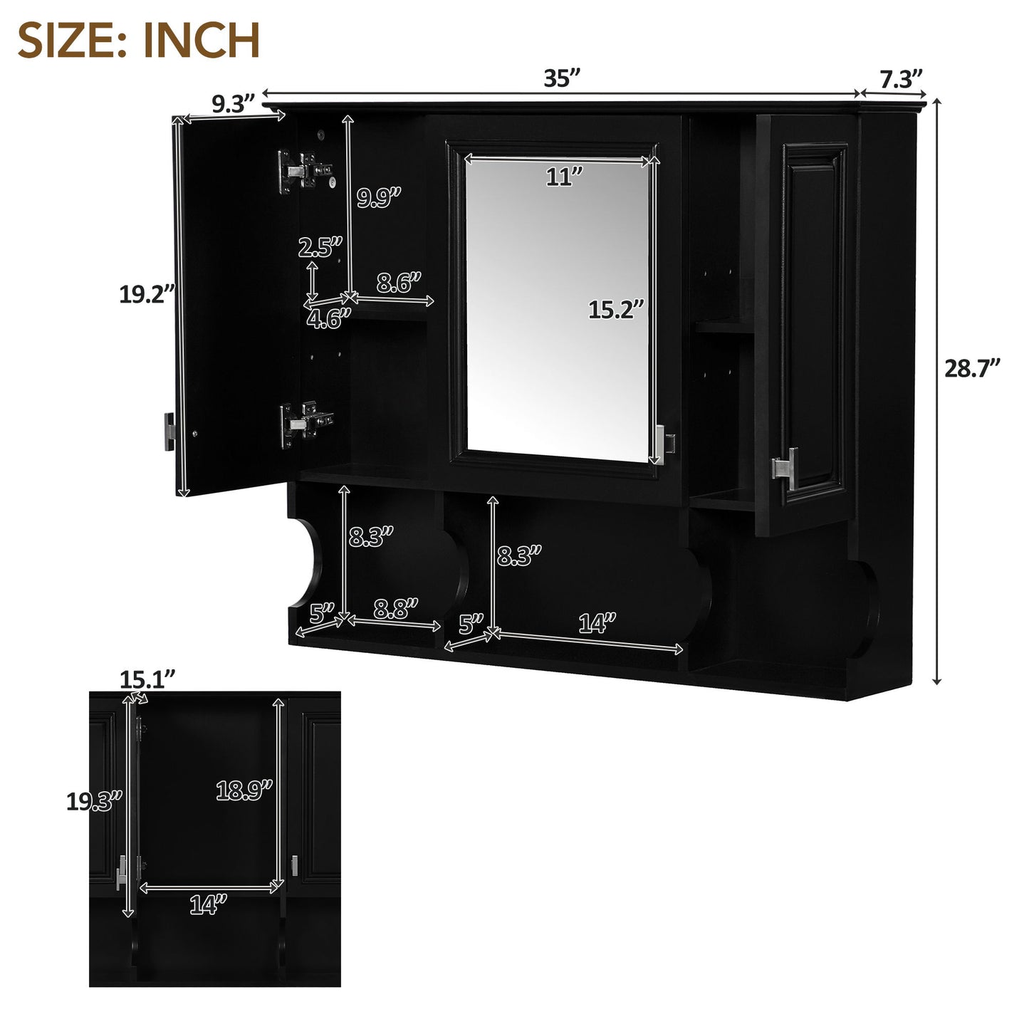 Wall Mounted Bathroom Medicine Cabinet, Modern Bathroom Wall Cabinet With Mirror, Mirror Cabinet With Open Shelves - Black