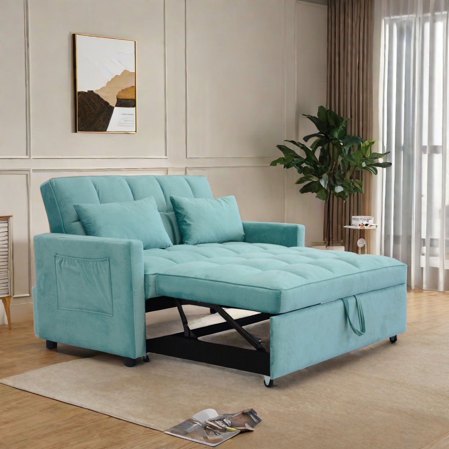 Velvet Two Seater Pull Out Sofa Bed, Adjustable Backrest With Three USB Ports, Two Side Pockets, 3 In 1 Convertible Sleeper Sofa Bed, Modern Love Seat Lounge Sofa For Living Room - Light Blue