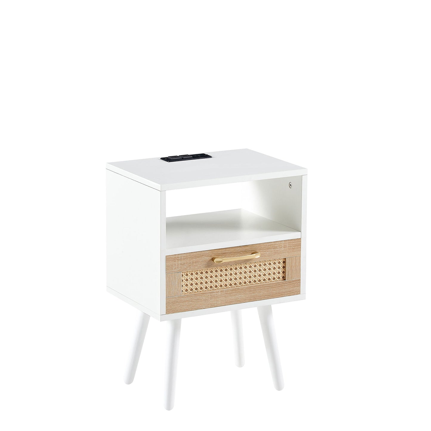 15.75" Rattan End Table With Power Outlet & USB Ports, Modern Nightstand With Drawer And Solid Wood Legs, Side Table For Living Room, Bedroom - White