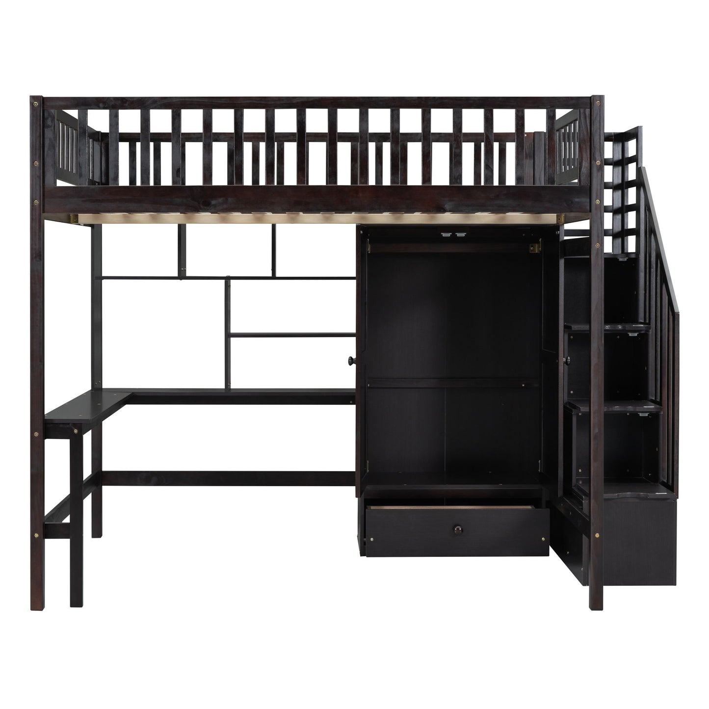 Full Size Loft Bed With Bookshelf, Drawers, Desk, And Wardrobe - Espresso