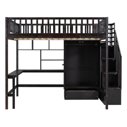 Full Size Loft Bed With Bookshelf, Drawers, Desk, And Wardrobe - Espresso